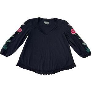 by Anthropologie Blouse Small Black Helene Embroidered Peasant